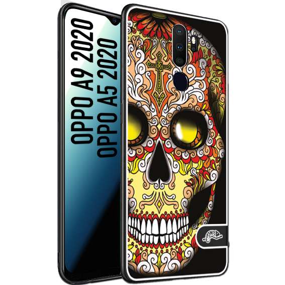 CUSTOMIZZA - Custodia cover nera morbida in tpu compatibile per Oppo A9 2020 - A5 2020 teschio messicano Mexican skull giallo rosso arancio