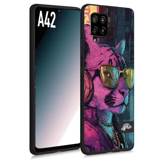 CUSTOMIZZA - Custodia cover nera morbida in tpu compatibile per Samsung A42 animali cyberpunk pantera street cat fucsia blu giallo