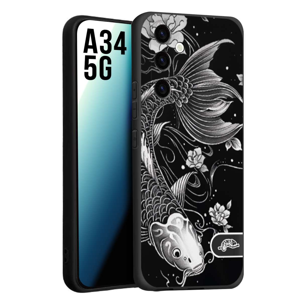 CUSTOMIZZA - Custodia cover nera morbida in tpu compatibile per Samsung A34 5G carpa koi black and white bianco a rilievo disegnato tattoo tatuaggio