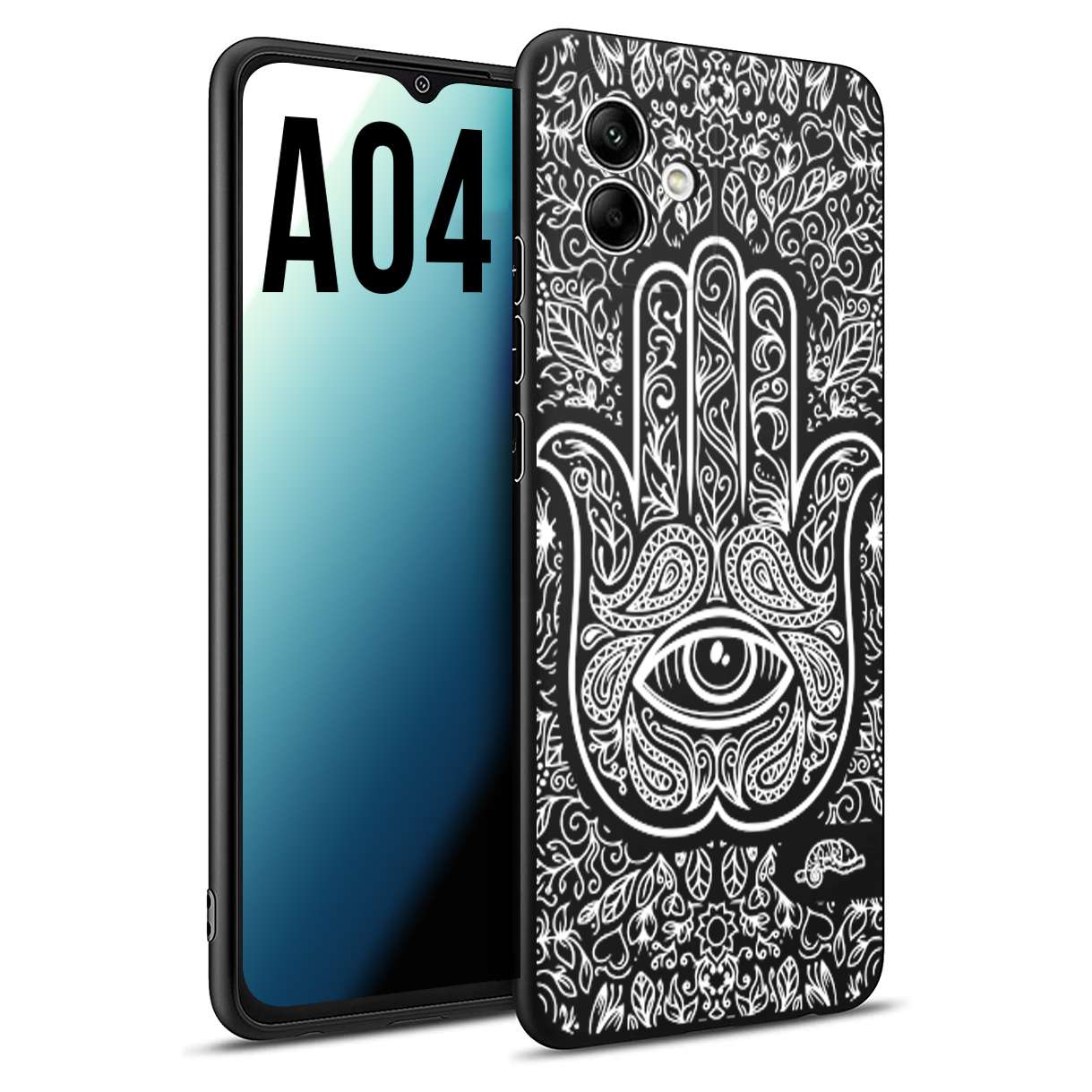 CUSTOMIZZA - Custodia cover nera morbida in tpu compatibile per Samsung A04 mano di fatima effetto rilievo mandala donna