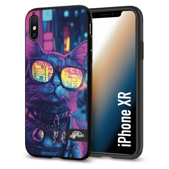 CUSTOMIZZA - Custodia cover nera morbida in tpu compatibile per iPhone Xr animali cyberpunk gatto street cat fucsia blu giallo