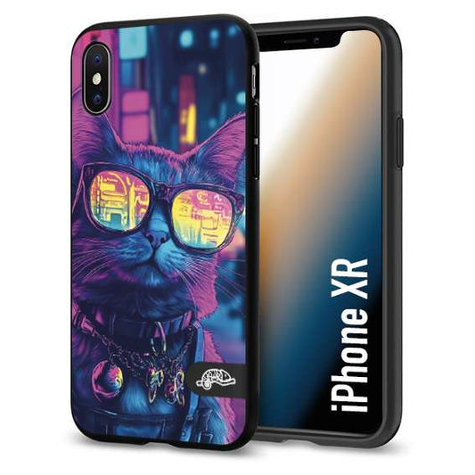 CUSTOMIZZA - Custodia cover nera morbida in tpu compatibile per iPhone Xr animali cyberpunk gatto street cat fucsia blu giallo