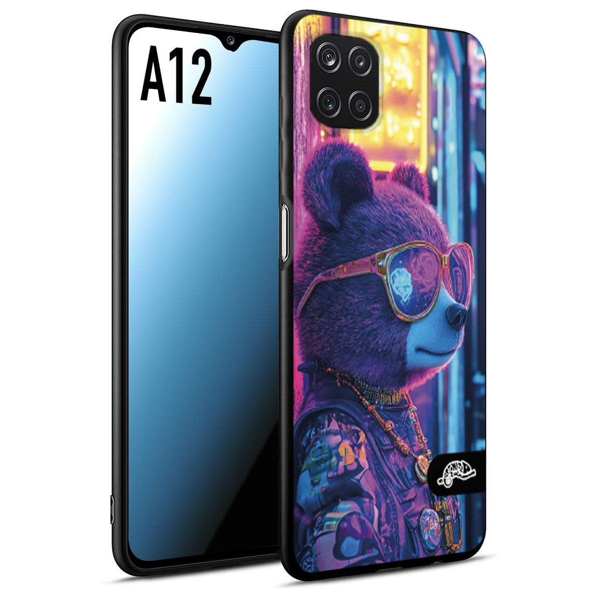 CUSTOMIZZA - Custodia cover nera morbida in tpu compatibile per Samsung A12 animali cyberpunk orsetto orso street bear fucsia blu night