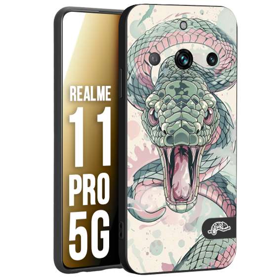 CUSTOMIZZA - Custodia cover nera morbida in tpu compatibile per Realme 11 PRO 5G snake pink green serpente tatuaggio tattoo disegnato a mano