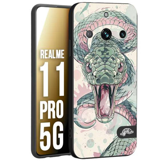 CUSTOMIZZA - Custodia cover nera morbida in tpu compatibile per Realme 11 PRO 5G snake pink green serpente tatuaggio tattoo disegnato a mano