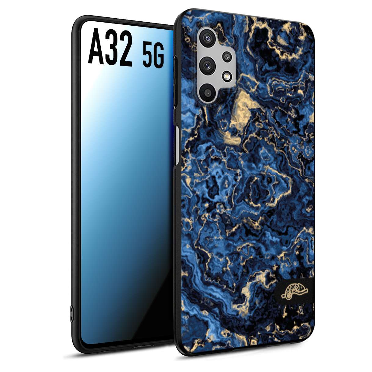 CUSTOMIZZA - Custodia cover nera morbida in tpu compatibile per Samsung A32 5G effetto marmo marble blu venature dorato psichedelico