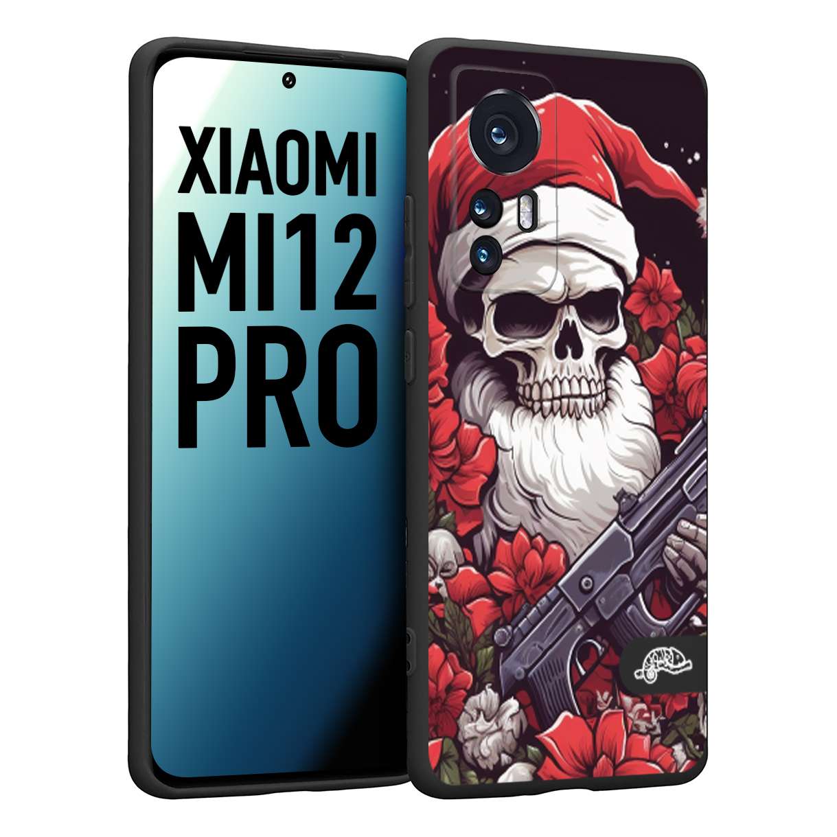 CUSTOMIZZA - Custodia cover nera morbida in tpu compatibile per Xiaomi 12 PRO teschio natale santa claus fiori tattoo disegnato