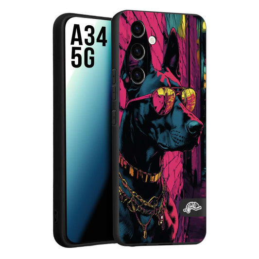 CUSTOMIZZA - Custodia cover nera morbida in tpu compatibile per Samsung A34 5G animali cyberpunk dobermann cane street dog fucsia blu