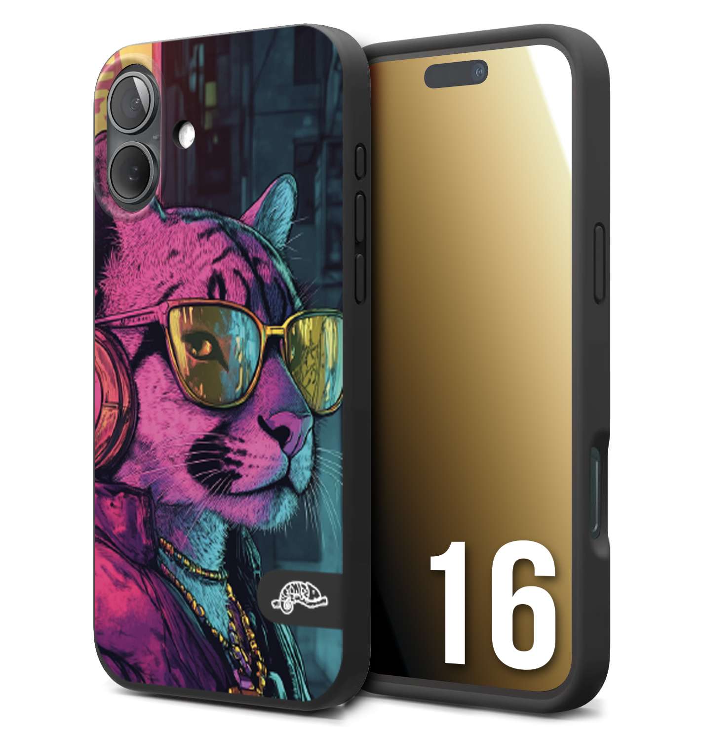 CUSTOMIZZA - Custodia cover nera morbida in tpu compatibile per iPhone 16 animali cyberpunk pantera street cat fucsia blu giallo
