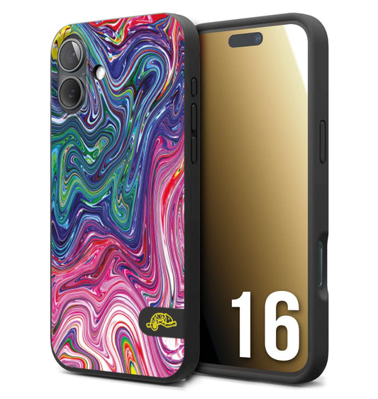 CUSTOMIZZA - Custodia cover nera morbida in tpu compatibile per iPhone 16 colorata fantasia vortice marmo arcobaleno rosa blu fucsia