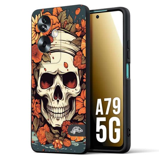 CUSTOMIZZA - Custodia cover nera morbida in tpu compatibile per Oppo A79 5G teschio skull flowers fiori tattoo disegnato alta definizione