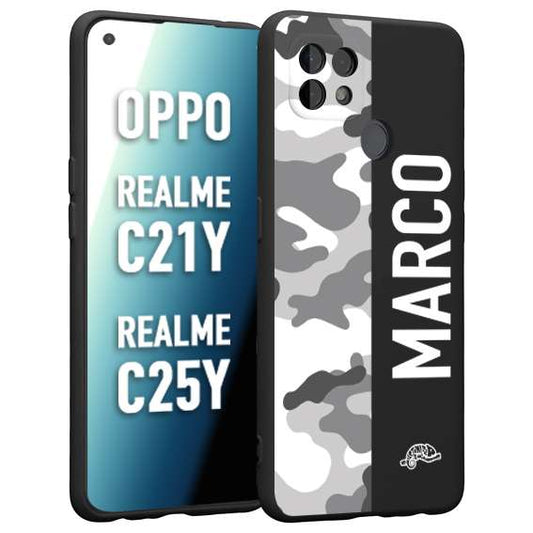 CUSTOMIZZA - Custodia cover nera morbida in tpu compatibile per Realme C21Y - C25Y camouflage mimetico militare personalizzata nome bianco