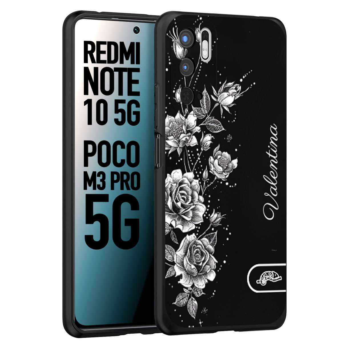 CUSTOMIZZA - Custodia cover nera morbida in tpu compatibile per Xiaomi Redmi Note 10 5G - Poco M3 Pro 5G a rilievo soft touch personalizzata nome rose fiori donna