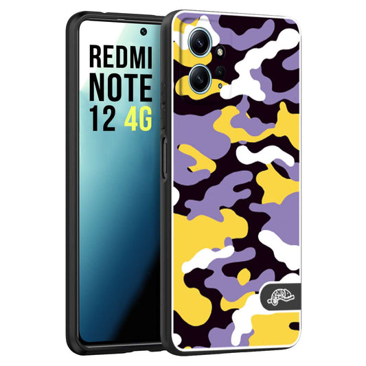 CUSTOMIZZA - Custodia cover nera morbida in tpu compatibile per Xiaomi Redmi Note 12 4G camouflage mimetico militare viola lilla giallo