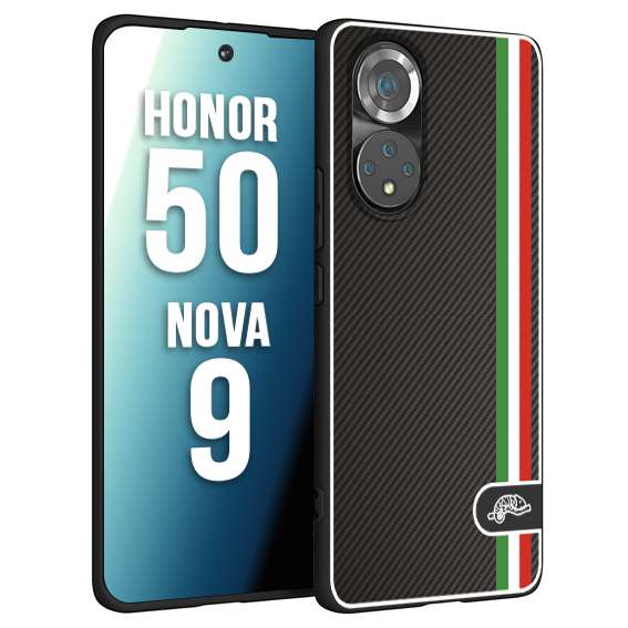 CUSTOMIZZA - Custodia cover nera morbida in tpu compatibile per Huawei Nova 9 - Honor 50 effetto fibra di carbonio bandiera Italia made in Italy