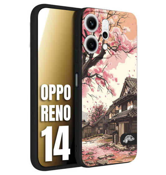 CUSTOMIZZA - Custodia cover nera morbida in tpu compatibile per Oppo Reno 14 casa giapponese rosa ciliegio in fiore disegnata tattoo