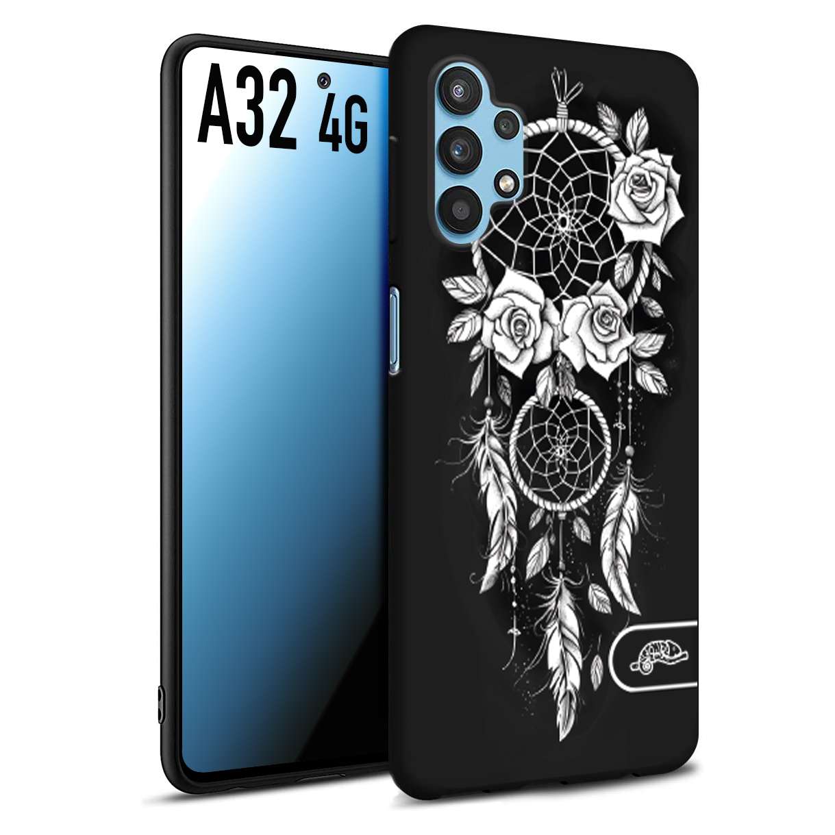 CUSTOMIZZA - Custodia cover nera morbida in tpu compatibile per Samsung A32 4G acchiappasogni dreamcatcher black and white bianco a rilievo disegnato tattoo tatuaggio