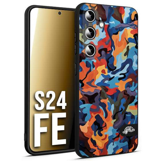 CUSTOMIZZA - Custodia cover nera morbida in tpu compatibile per Samsung S24 FE camouflage mimetico militare moderno blu arancio rosso