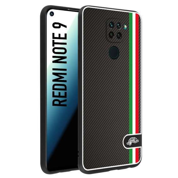 CUSTOMIZZA - Custodia cover nera morbida in tpu compatibile per Xiaomi Redmi Note 9 effetto fibra di carbonio bandiera Italia made in Italy