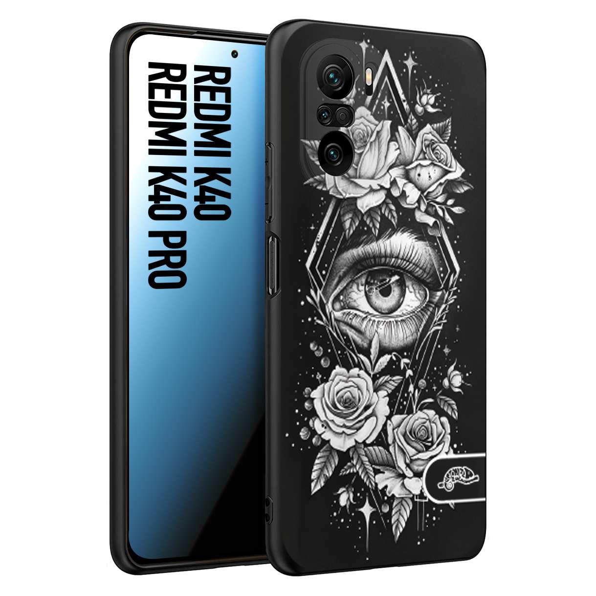 CUSTOMIZZA - Custodia cover nera morbida in tpu compatibile per Xiaomi Redmi K40 - K40 Pro occhio fiori rombo geometrico black and white bianco a rilievo disegnato tattoo tatuaggio