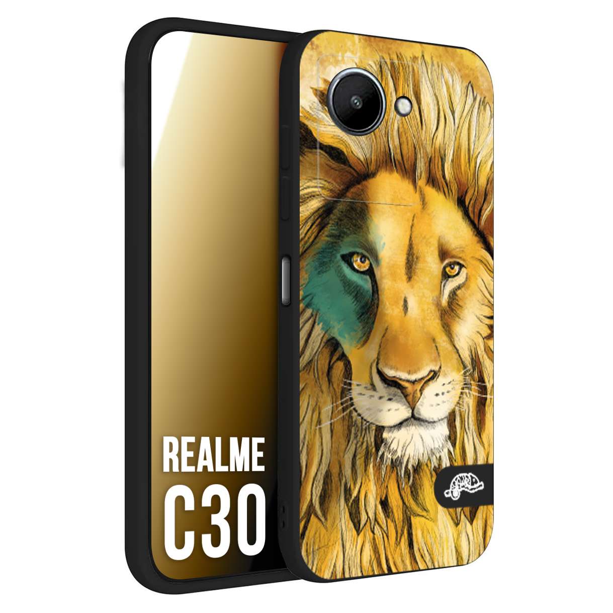 CUSTOMIZZA - Custodia cover nera morbida in tpu compatibile per Oppo Realme C30 leone lion disegnato a mano giallo blu a rilievo artistico brown