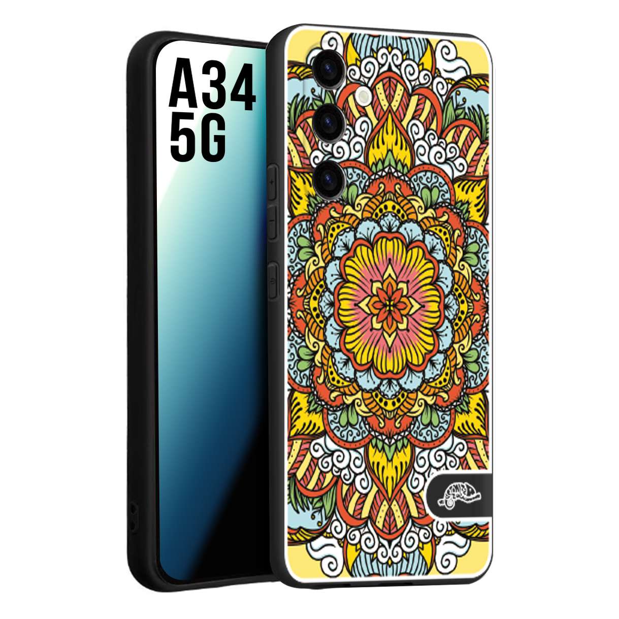 CUSTOMIZZA - Custodia cover nera morbida in tpu compatibile per Samsung A34 5G mandala colorato fiore nuvole arancione