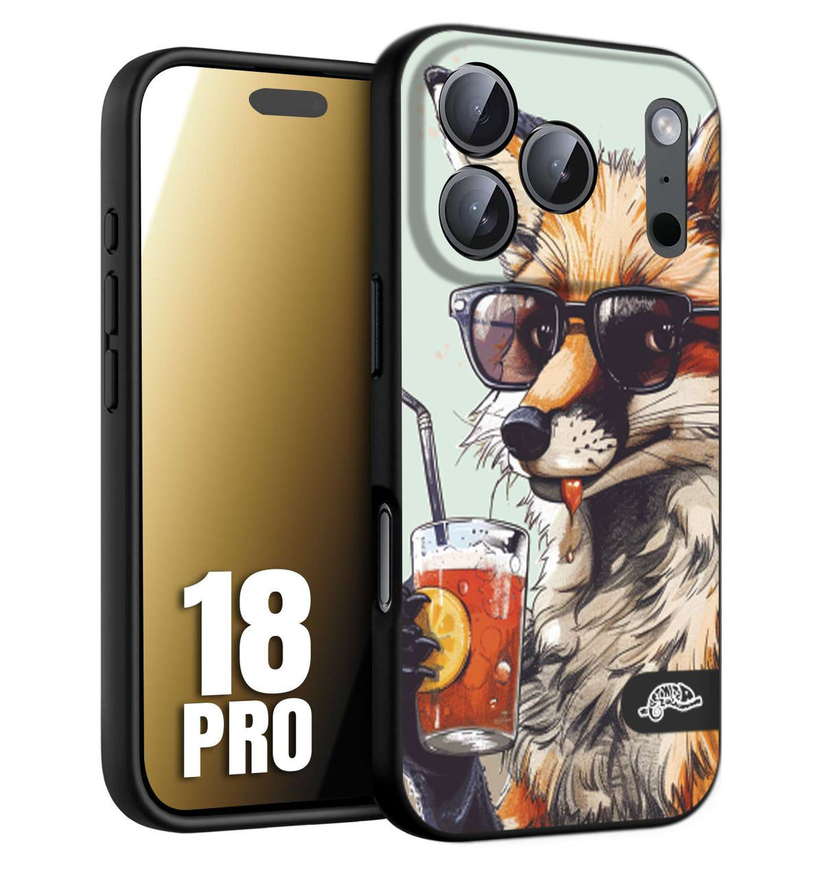 CUSTOMIZZA - Custodia cover nera morbida in tpu compatibile per iPhone 18 PRO estate disegnata cocktails animali simpatici fox volpe negroni