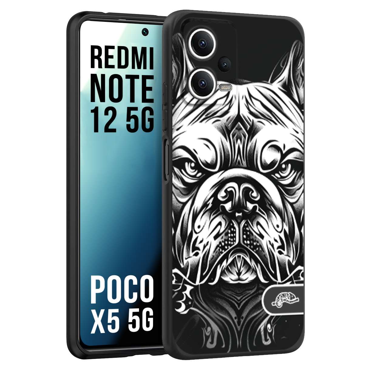 CUSTOMIZZA - Custodia cover nera morbida in tpu compatibile per Xiaomi Redmi Note 12 - POCO X5 5G bulldog bianco a rilievo disegnato tattoo tatuaggio