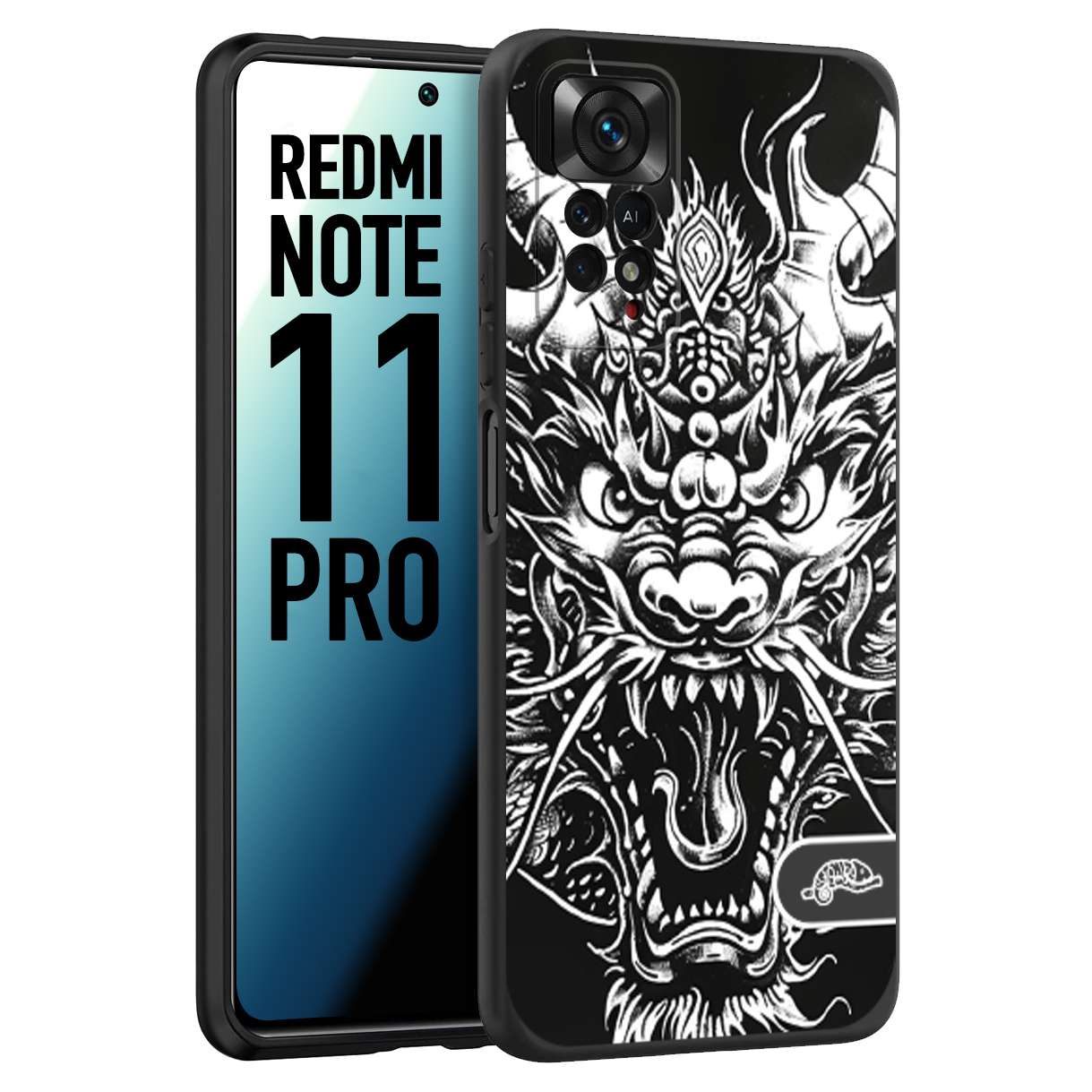 CUSTOMIZZA - Custodia cover nera morbida in tpu compatibile per Xiaomi Redmi Note 11 PRO drago black and white bianco a rilievo disegnato tattoo tatuaggio