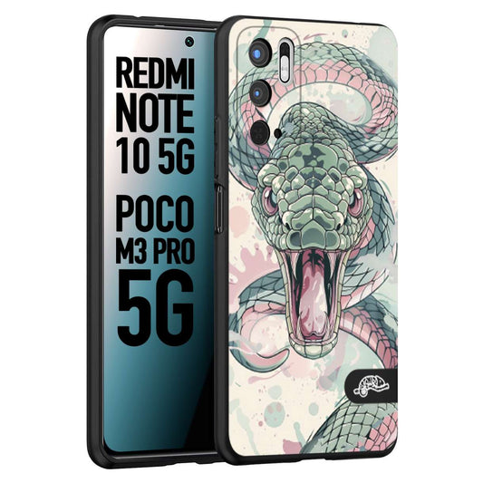 CUSTOMIZZA - Custodia cover nera morbida in tpu compatibile per Xiaomi Redmi Note 10 5G - Poco M3 Pro 5G snake pink green serpente tatuaggio tattoo disegnato a mano