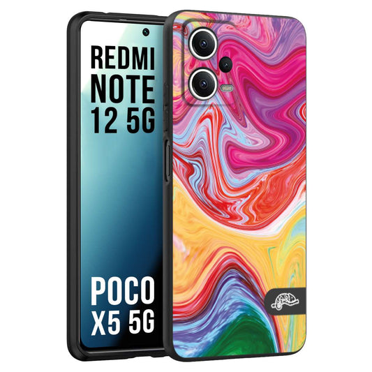 CUSTOMIZZA - Custodia cover nera morbida in tpu compatibile per Xiaomi Redmi Note 12 5G - POCO X5 5G colorata fantasia vortice marmo onde verde fucsia gialla