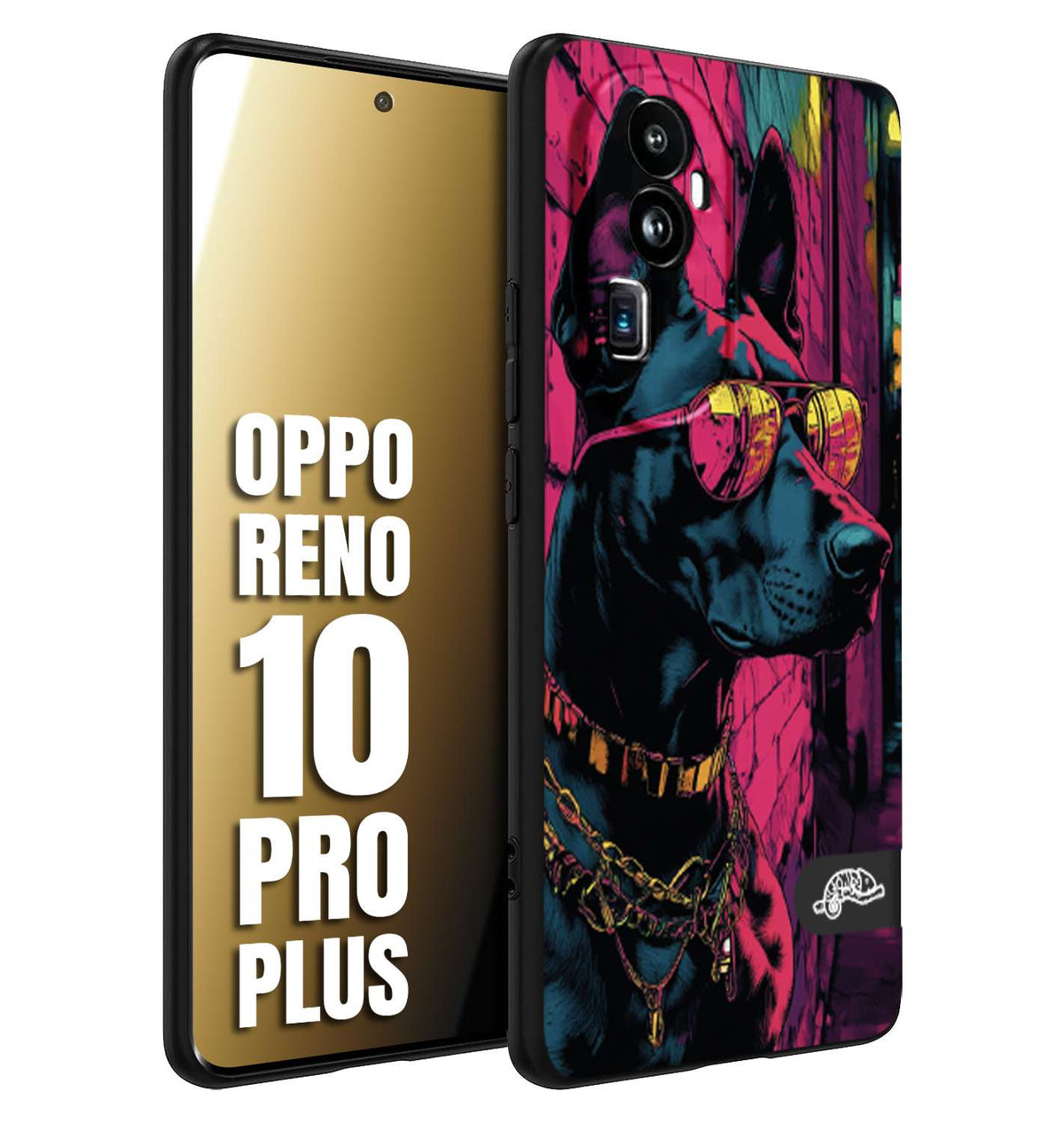 CUSTOMIZZA - Custodia cover nera morbida in tpu compatibile per Oppo Reno 10 PRO PLUS animali cyberpunk dobermann cane street dog fucsia blu