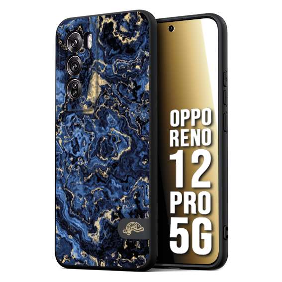 CUSTOMIZZA - Custodia cover nera morbida in tpu compatibile per Oppo Reno 12 PRO 5G effetto marmo marble blu venature dorato psichedelico