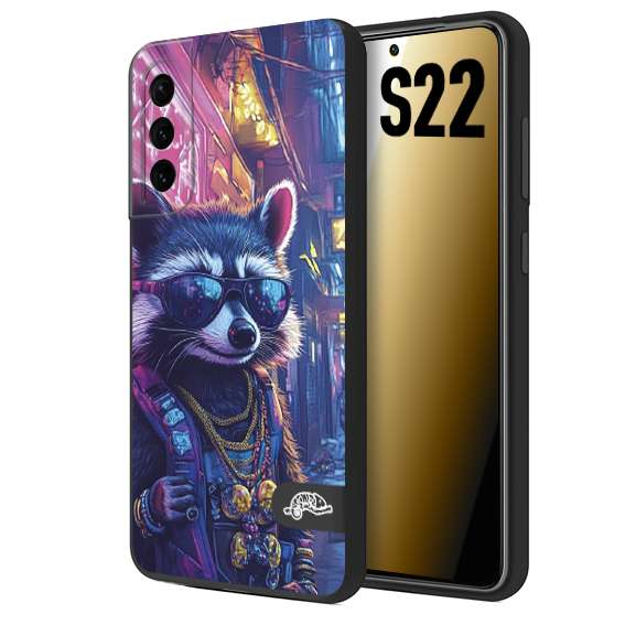 CUSTOMIZZA - Custodia cover nera morbida in tpu compatibile per Samsung S22 animali simpatici cyberpunk procione racoon street cat fucsia blu giallo