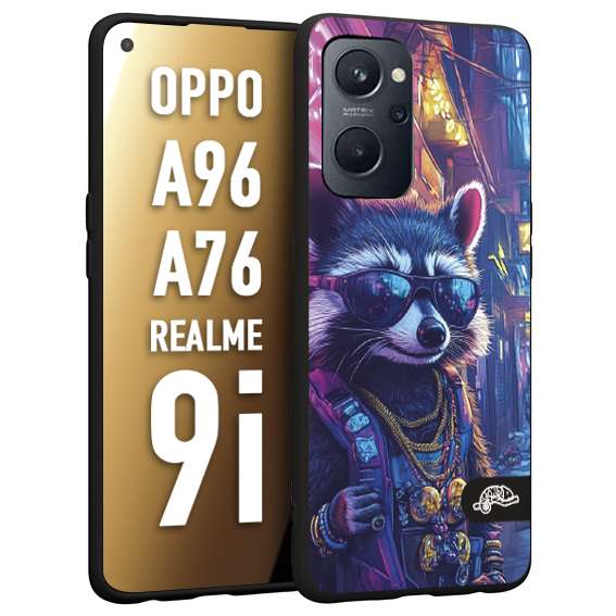 CUSTOMIZZA - Custodia cover nera morbida in tpu compatibile per Realme 9i - A96 - A76 animali simpatici cyberpunk procione racoon street cat fucsia blu giallo