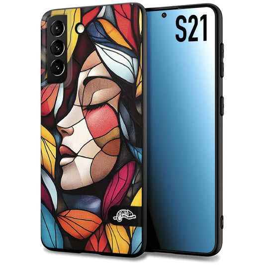 CUSTOMIZZA - Custodia cover nera morbida in tpu compatibile per Samsung S21 Vetrata artistica volto di donna profilo fogliare mosaico di vetro colorato