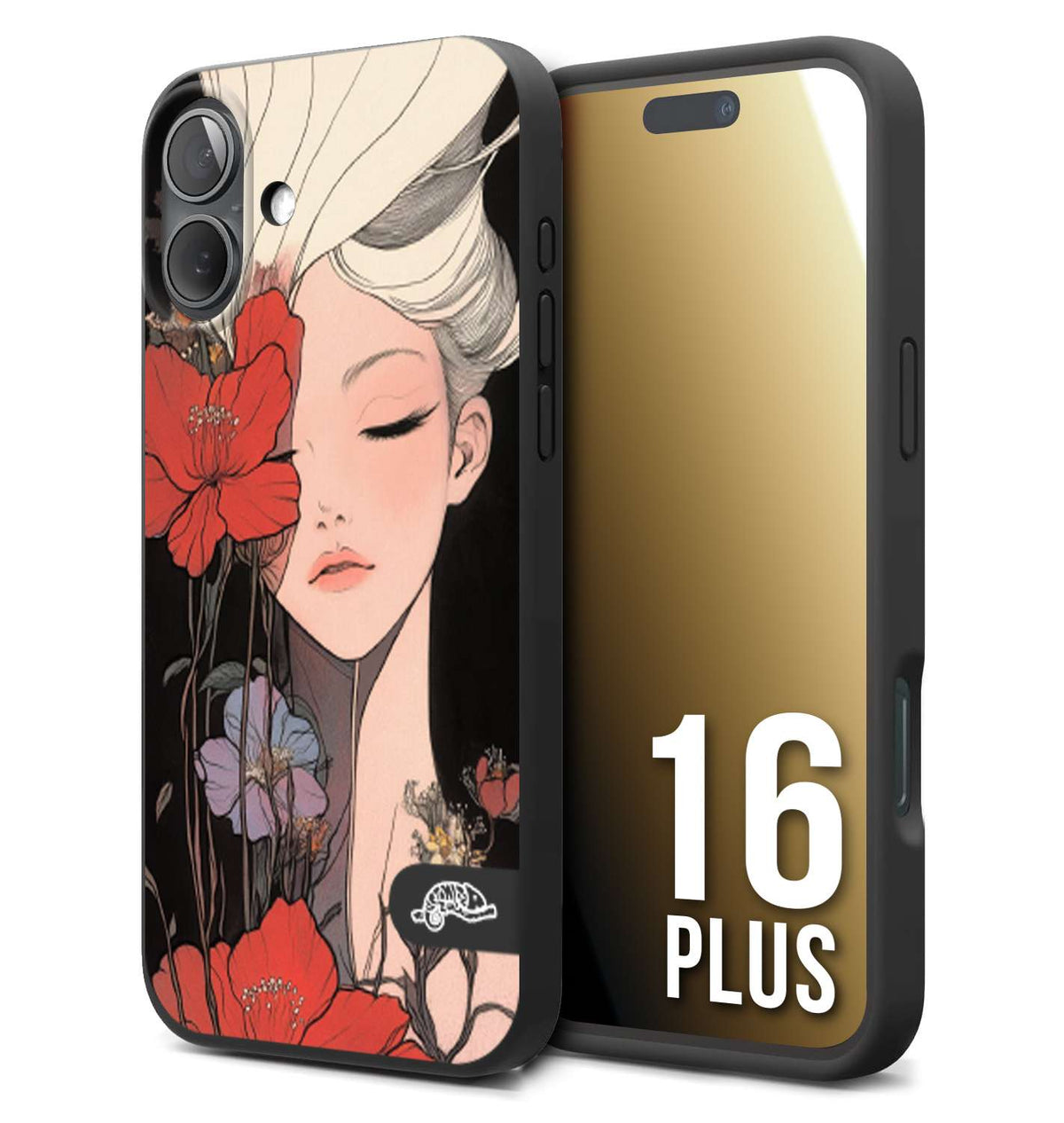CUSTOMIZZA - Custodia cover nera morbida in tpu compatibile per iPhone 16 PLUS woman flower Fantasia Floreale Design Donna e Fiori, Retro Artistico