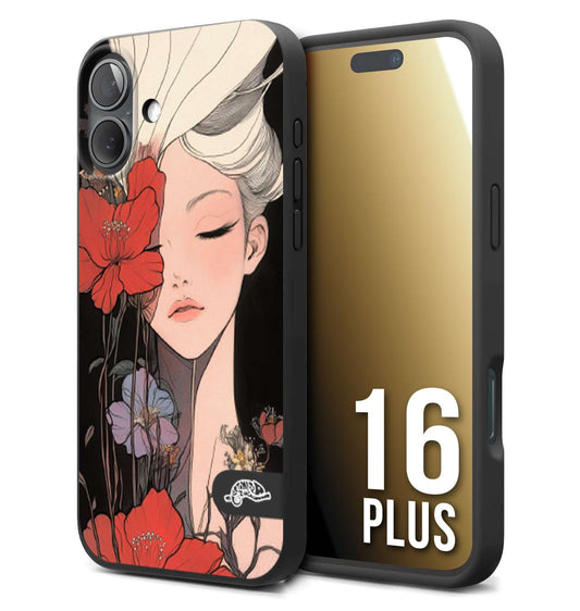 CUSTOMIZZA - Custodia cover nera morbida in tpu compatibile per iPhone 16 PLUS woman flower Fantasia Floreale Design Donna e Fiori, Retro Artistico