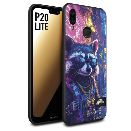 CUSTOMIZZA - Custodia cover nera morbida in tpu compatibile per Huawei P20 LITE animali simpatici cyberpunk procione racoon street cat fucsia blu giallo