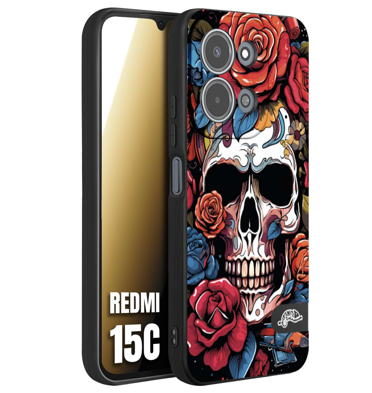 CUSTOMIZZA - Custodia cover nera morbida in tpu compatibile per Xiaomi Redmi 15C teschio skull flowers fiori rose rosse tattoo disegnato