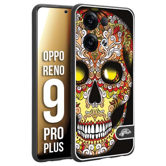 CUSTOMIZZA - Custodia cover nera morbida in tpu compatibile per Oppo Reno 9 PRO PLUS teschio messicano Mexican skull giallo rosso arancio