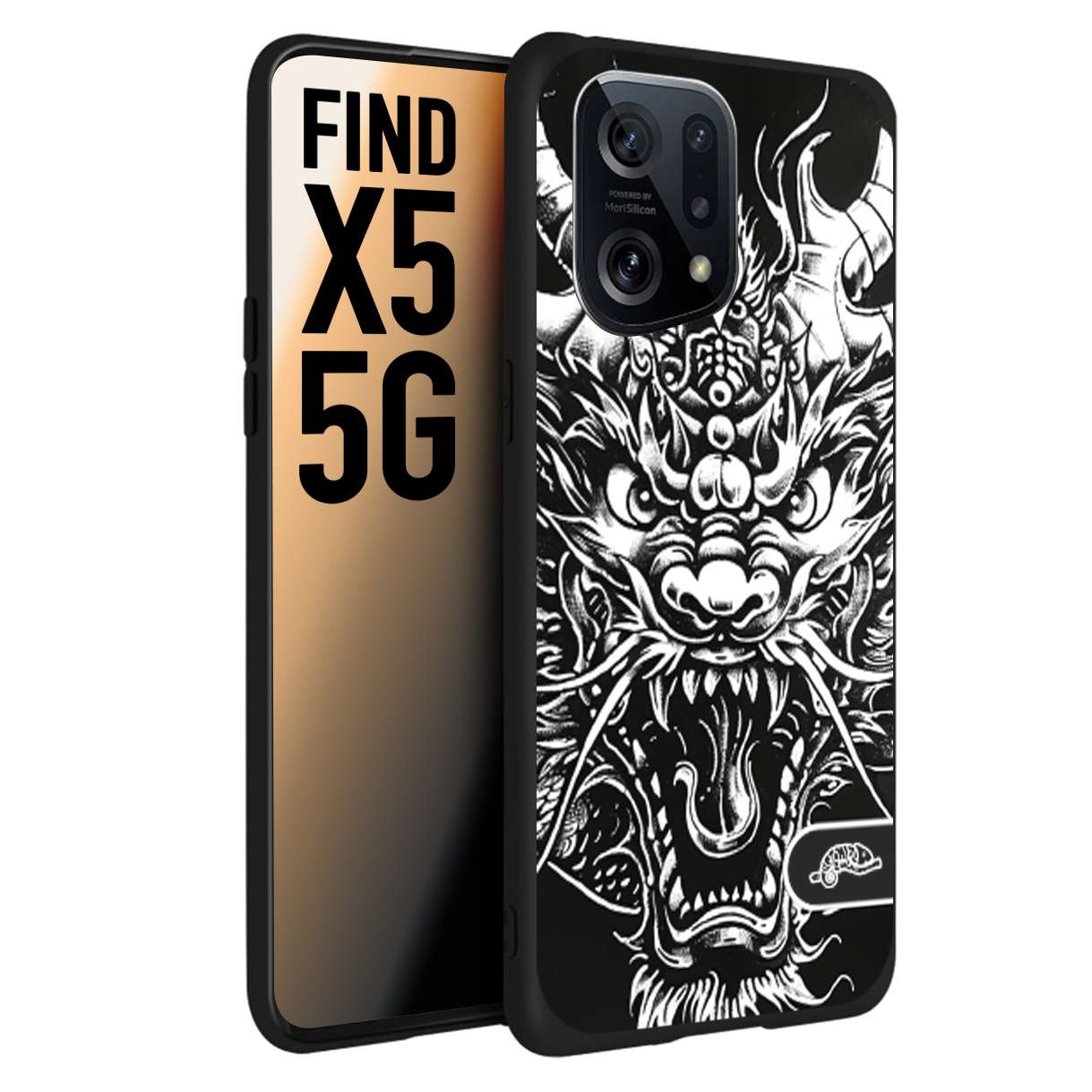 CUSTOMIZZA - Custodia cover nera morbida in tpu compatibile per Oppo Find X5 drago black and white bianco a rilievo disegnato tattoo tatuaggio