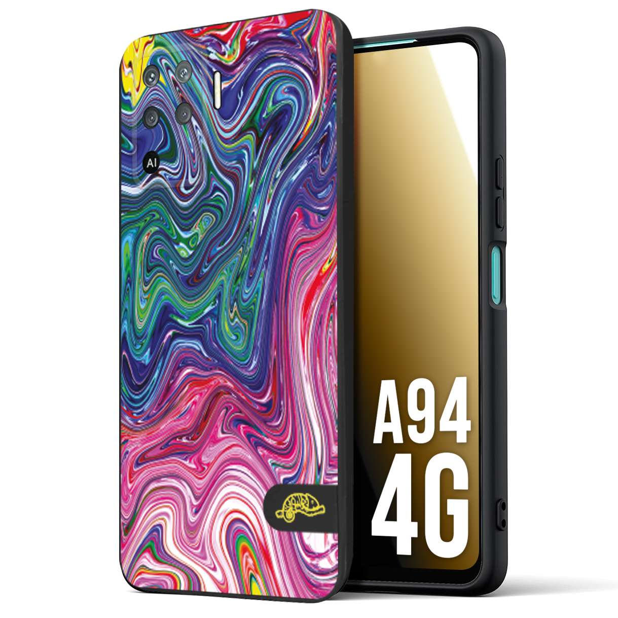 CUSTOMIZZA - Custodia cover nera morbida in tpu compatibile per Oppo A94 4G colorata fantasia vortice marmo arcobaleno rosa blu fucsia