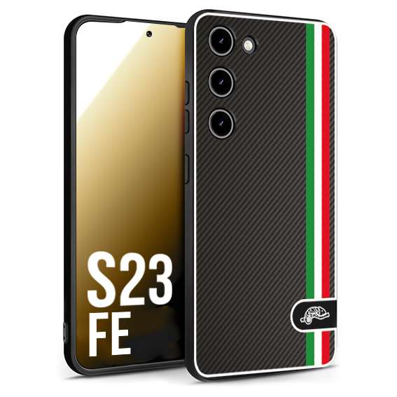 CUSTOMIZZA - Custodia cover nera morbida in tpu compatibile per Samsung S23 FE effetto fibra di carbonio bandiera Italia made in Italy