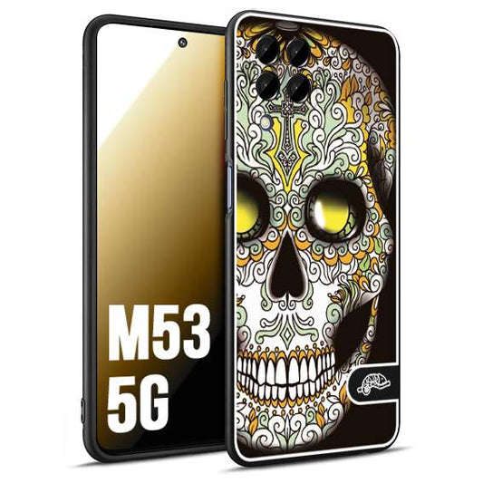 CUSTOMIZZA - Custodia cover nera morbida in tpu compatibile per Samsung M53 5G teschio messicano Mexican skull bianco verde giallo