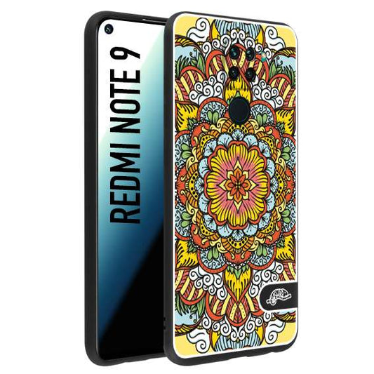 CUSTOMIZZA - Custodia cover nera morbida in tpu compatibile per Xiaomi Redmi Note 9 mandala colorato fiore nuvole arancione