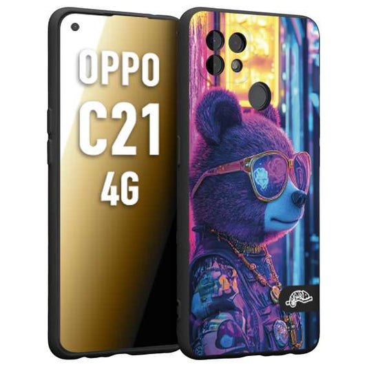 CUSTOMIZZA - Custodia cover nera morbida in tpu compatibile per Realme C21 4G animali cyberpunk orsetto orso street bear fucsia blu night