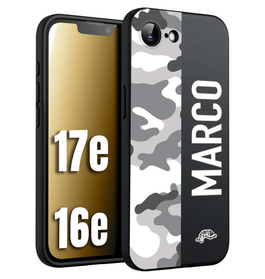 CUSTOMIZZA - Custodia cover nera morbida in tpu compatibile per iPhone 16E - 17E camouflage mimetico militare personalizzata nome bianco