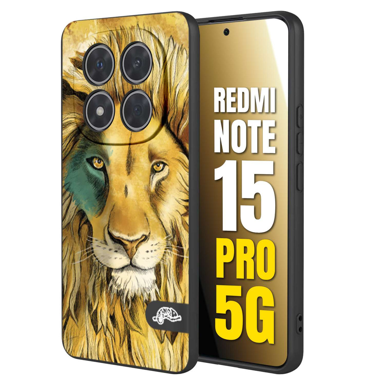CUSTOMIZZA - Custodia cover nera morbida in tpu compatibile per Xiaomi Redmi Note 15 PRO 5G leone lion disegnato a mano giallo blu a rilievo artistico brown