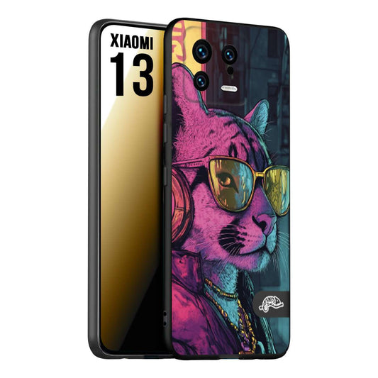 CUSTOMIZZA - Custodia cover nera morbida in tpu compatibile per Xiaomi 13 animali cyberpunk pantera street cat fucsia blu giallo